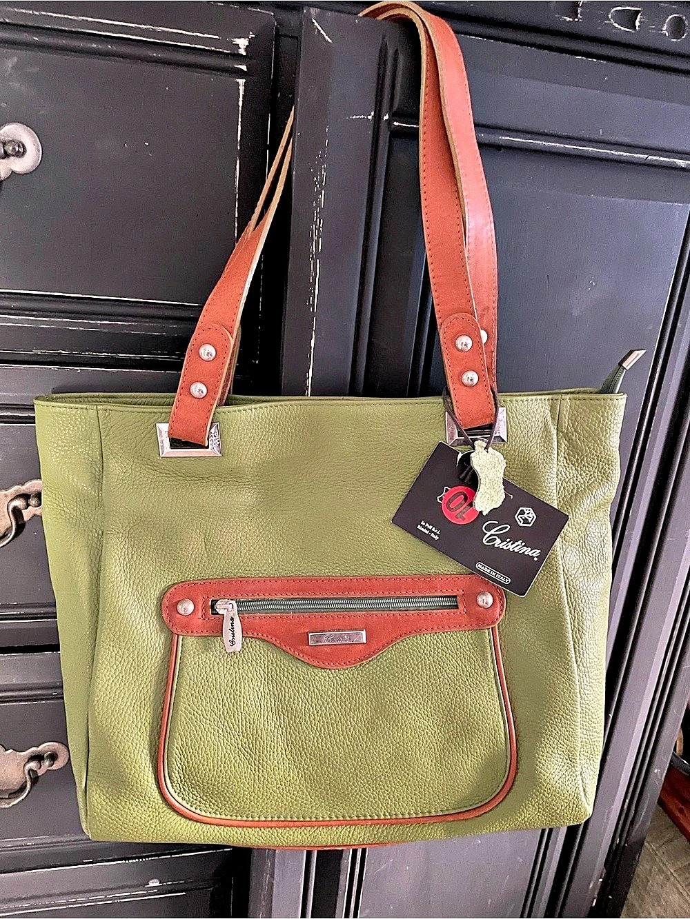 Cristina Green & Brown Leather Tote